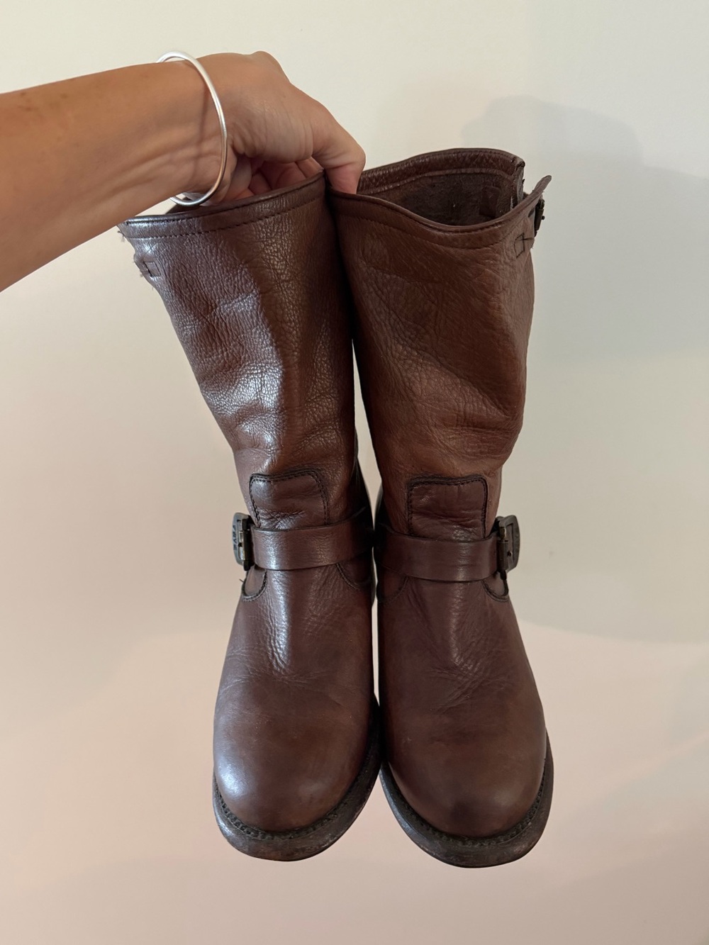 frye brown leather mid calf harness boot - soft, loose, distressed leather - Picture 3 of 5